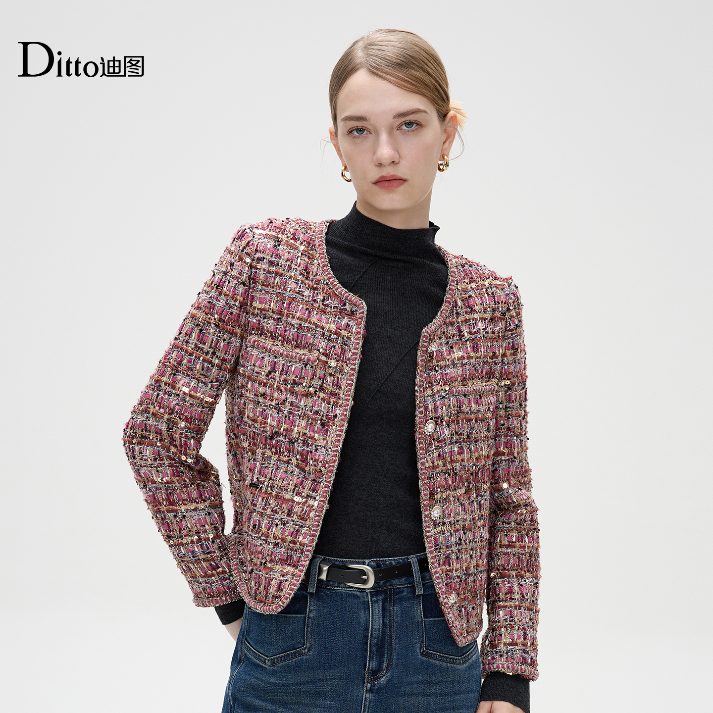 Ditto/迪图法式小香风圆领外套