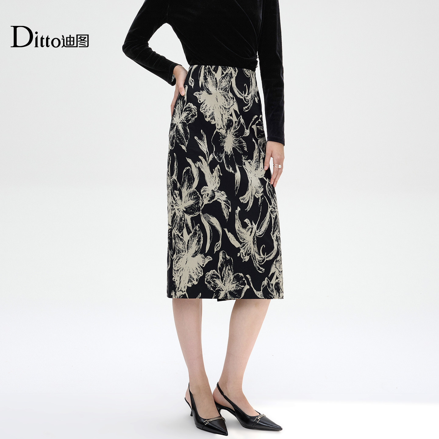 迪图气质印花半身裙女小个子2026春款新中式国风水墨画设计感半裙
