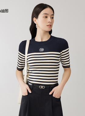 Ditto/迪图2025秋季新款条纹气质休闲上衣短袖显瘦修身百搭针织衫