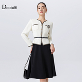 迪图2025秋冬新款 假两件法式 收腰气质高级感女士V领小香风连衣裙