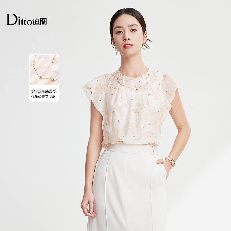 迪图休闲印花碎花荷叶袖小衫