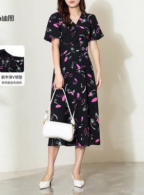 Ditto/迪图2025秋季新款黑色印花气质修身优雅时尚短袖连衣裙