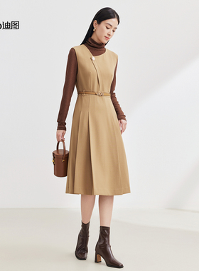 Ditto/迪图2025秋季新款显瘦系带无袖连衣裙时尚简约收腰A字裙
