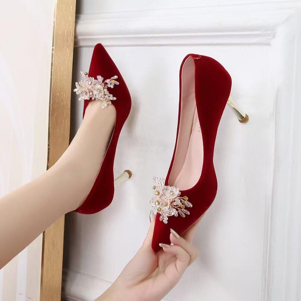 水钻高跟鞋女细跟2026新款法式性感水钻尖头单鞋红色宴会女鞋婚鞋