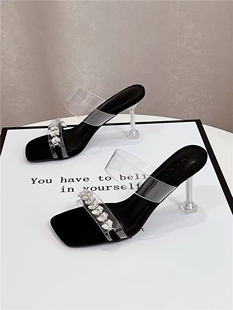 法式细跟透明水晶凉拖鞋女外穿2025新款夏方头百搭高跟水钻一字拖