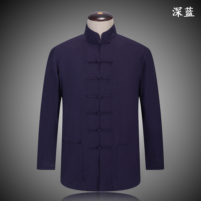 民族服装长袖衬衫男纯色亚麻唐装中老年男装大码棉麻中国风爸爸装