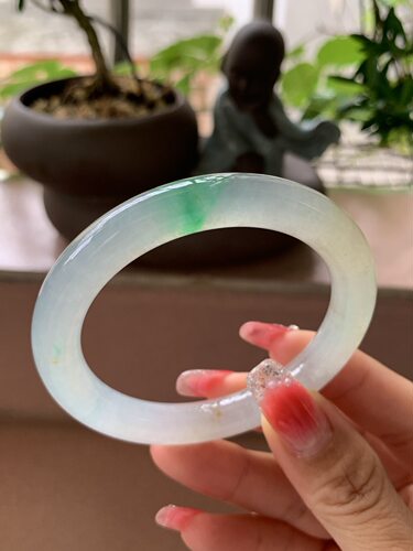 【小陈翡翠】缅甸天然翡翠A货冰种黄加绿52-53圆条翡翠手镯