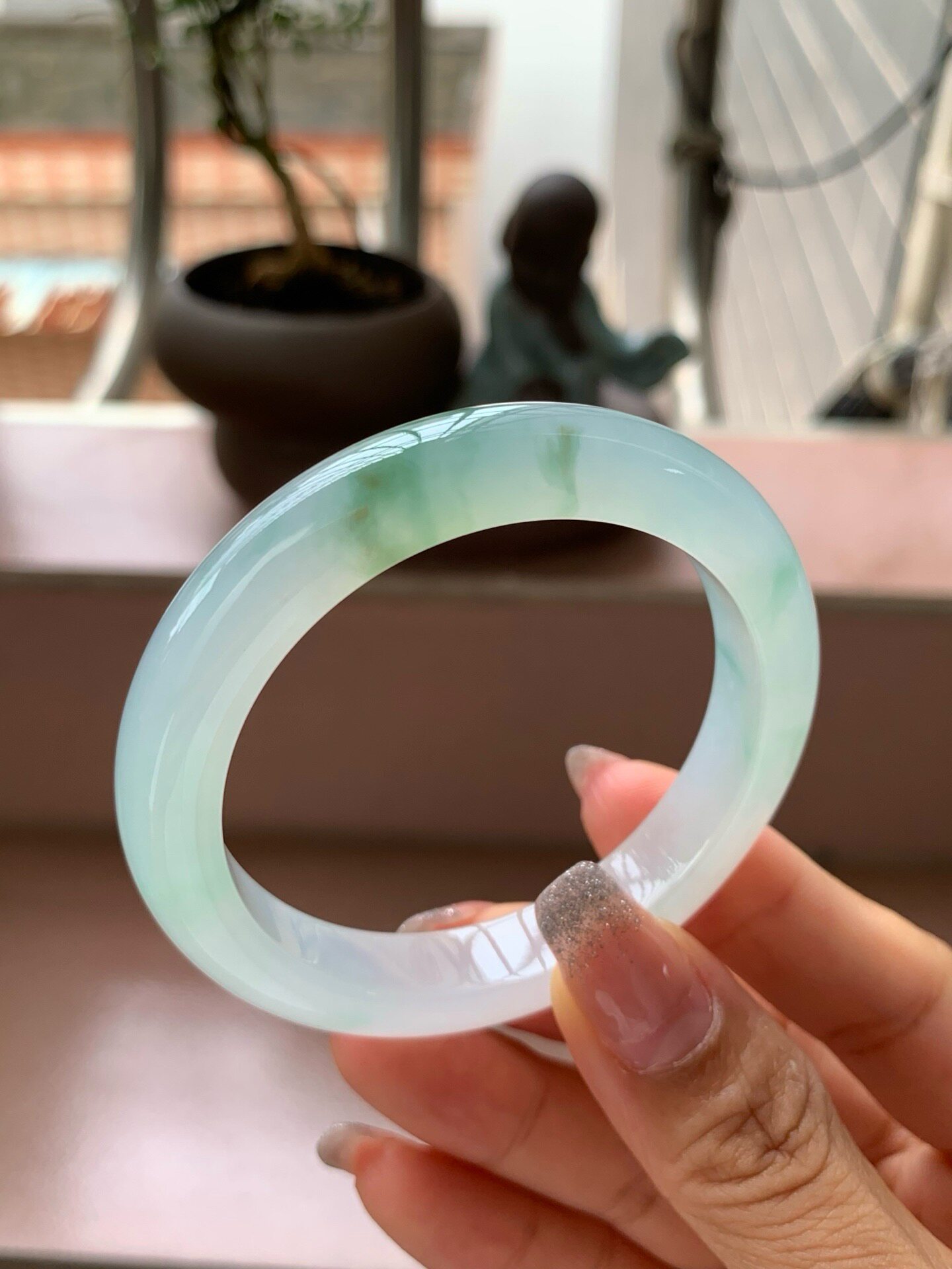 【小陈翡翠】缅甸天然翡翠A货冰飘芙蓉绿花50-51正圈翡翠手镯
