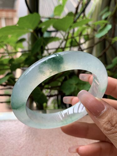 【小陈翡翠】缅甸天然翡翠A货冰种飘绿花兰花55-56正圈翡翠手镯