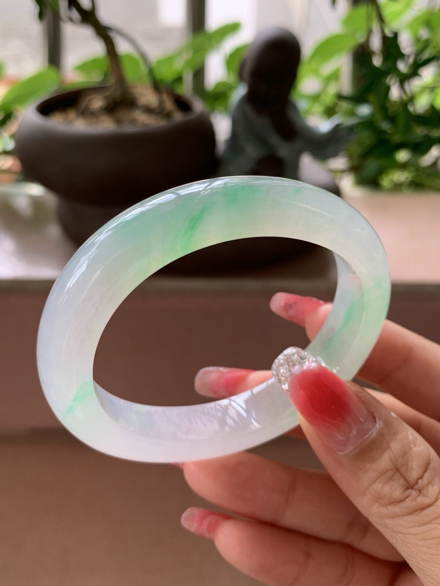 【小陈翡翠】缅甸天然翡翠A货冰飘绿花55贵妃翡翠手镯