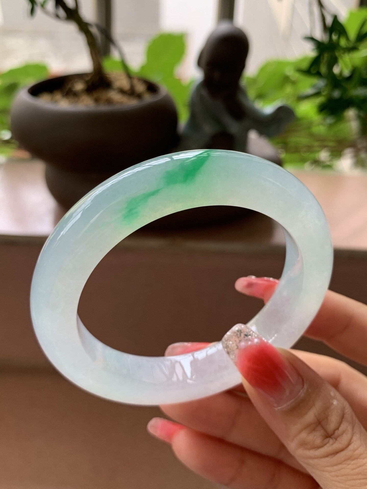 【小陈翡翠】缅甸天然翡翠A货冰飘阳绿花54正圈翡翠手镯