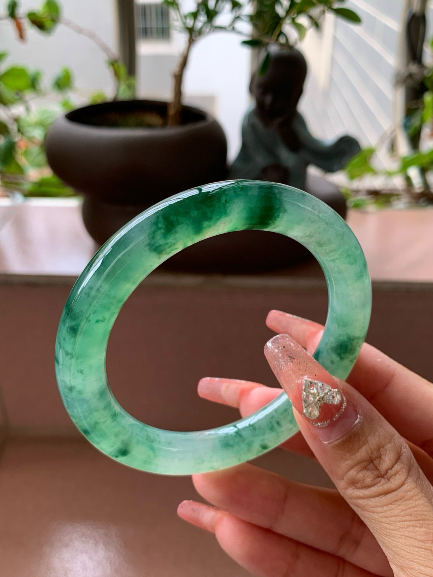 【小陈翡翠】缅甸天然翡翠a货冰飘芙蓉兰绿花54-55圆条翡翠手镯