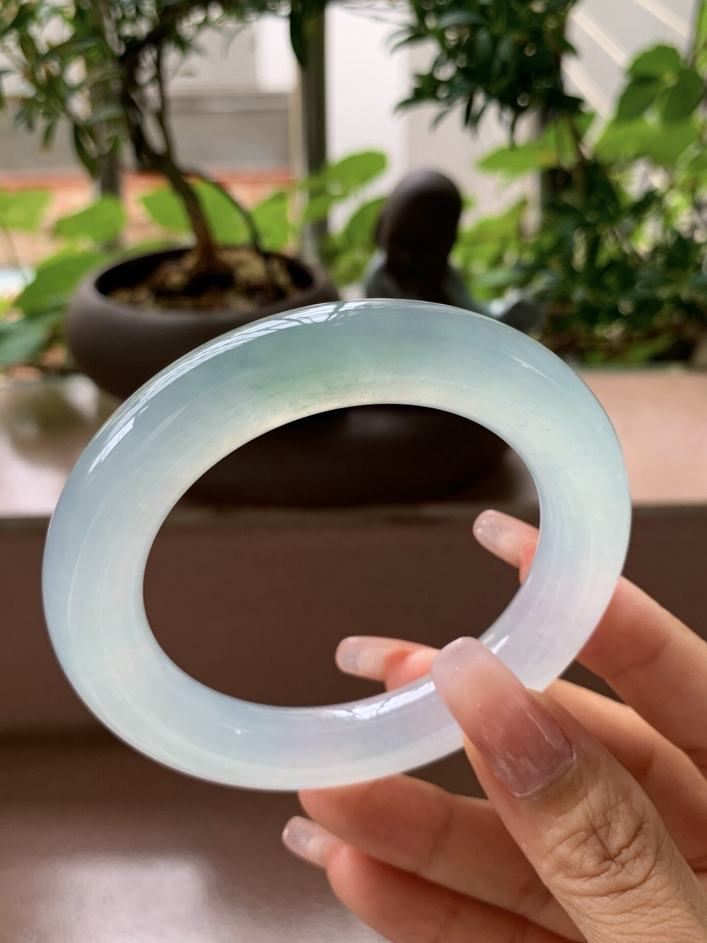 【小陈翡翠】缅甸天然翡翠A货冰浅绿55圆条翡翠手镯