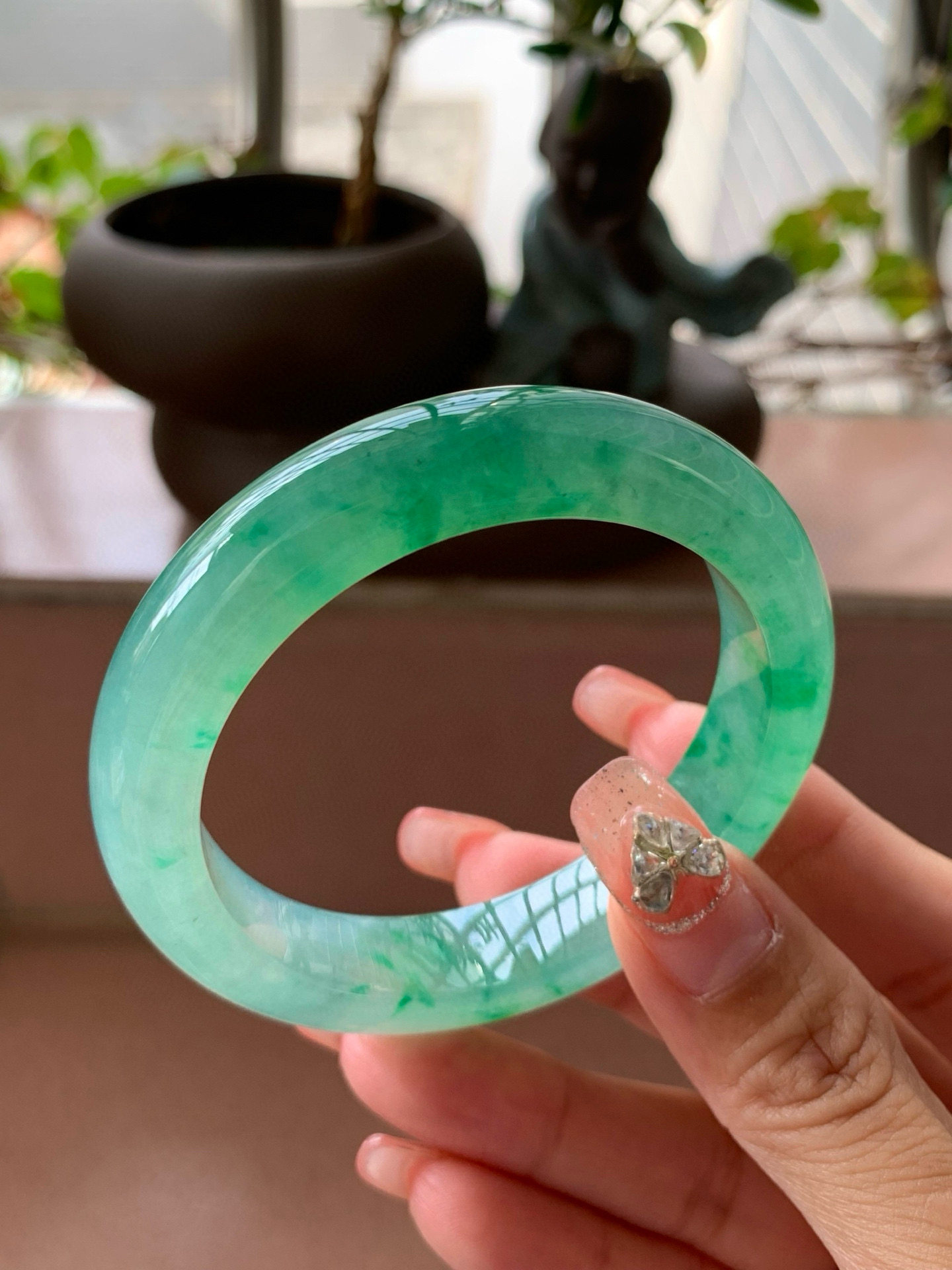 【小陈翡翠】缅甸天然翡翠a货冰飘绿花53正圈翡翠手镯