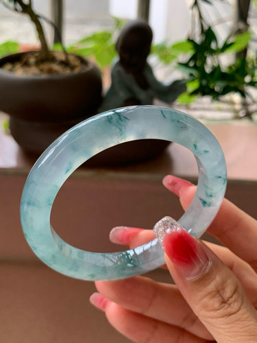 【小陈翡翠】缅甸天然翡翠A货冰飘兰花53正圈翡翠手镯