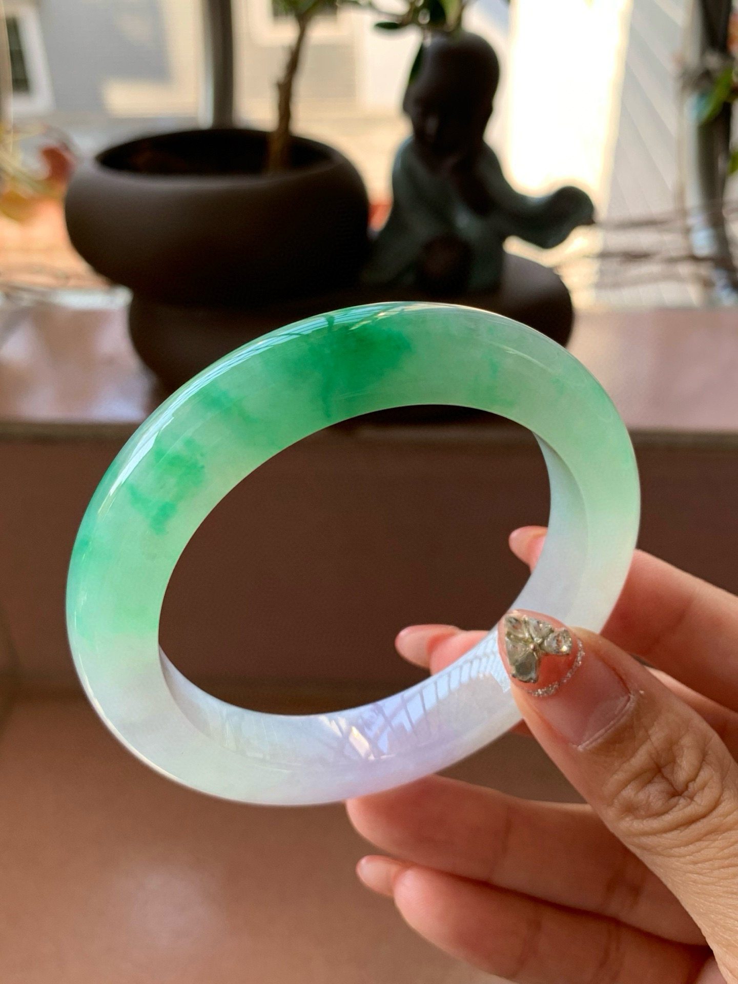 【小陈翡翠】缅甸天然翡翠a货冰春彩紫罗兰飘绿花56-57正圈手镯