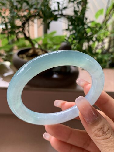 【小陈翡翠】缅甸天然翡翠A货冰蓝56圆条翡翠手镯