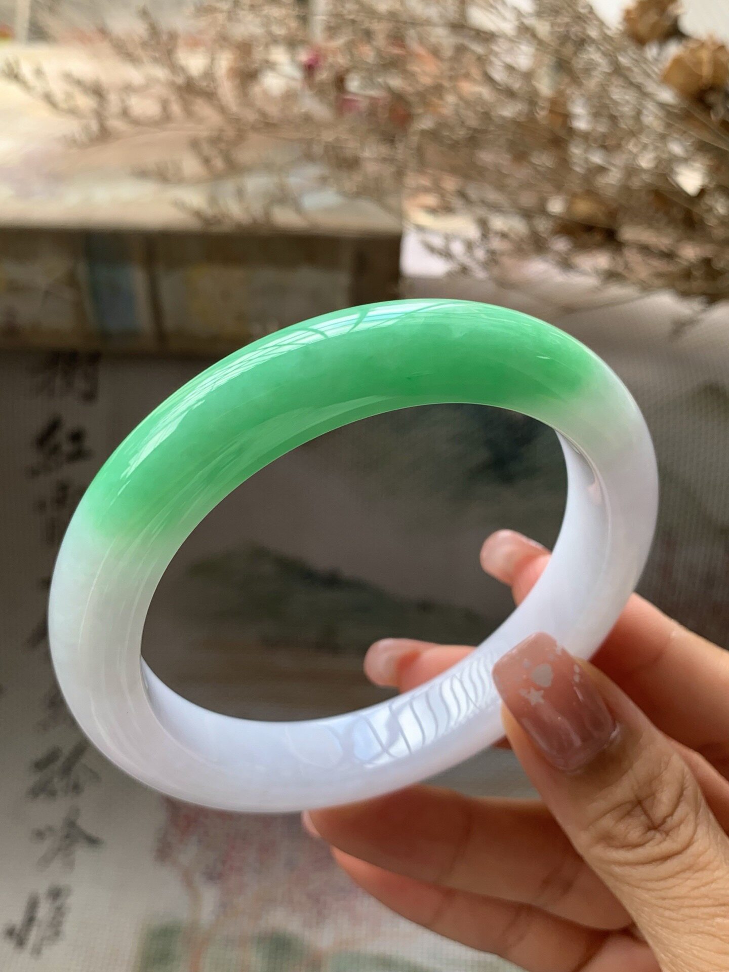 【小陈翡翠】缅甸天然翡翠A货白底青飘阳绿半山半水60-61大圈正圈