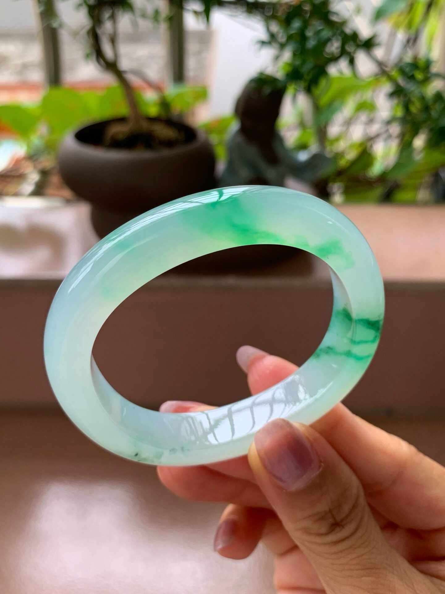 【小陈翡翠】缅甸天然翡翠A货冰飘绿花51-52贵妃翡翠手镯
