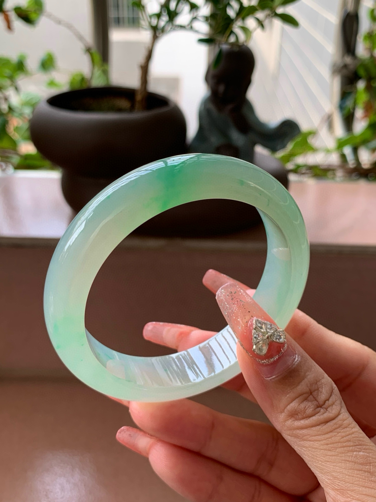 【小陈翡翠】缅甸天然翡翠a货冰飘绿花55-56正圈翡翠手镯