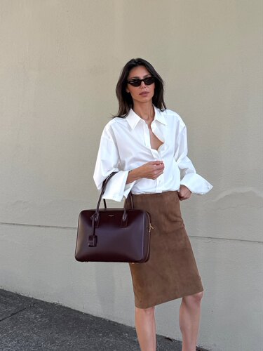 通勤精棉白衬衫麂皮包臀半身裙