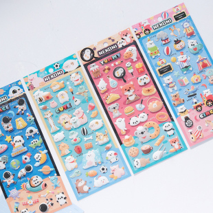 NEKONI萌萌动物小聚会立体泡棉贴纸亮晶晶太空熊猫环游记小熊狐狸