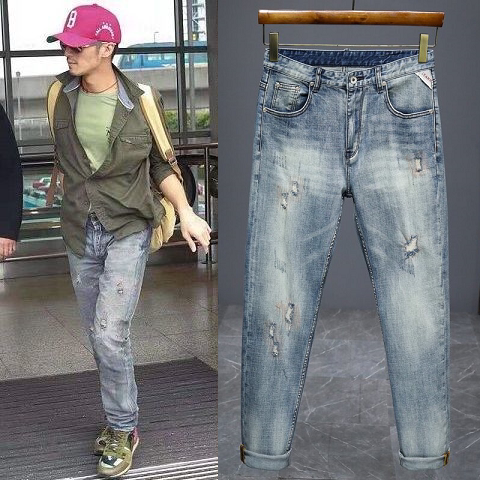 明星谢霆锋同款牛仔裤男高街修身小直筒潮牌破洞复古补丁长裤子男
