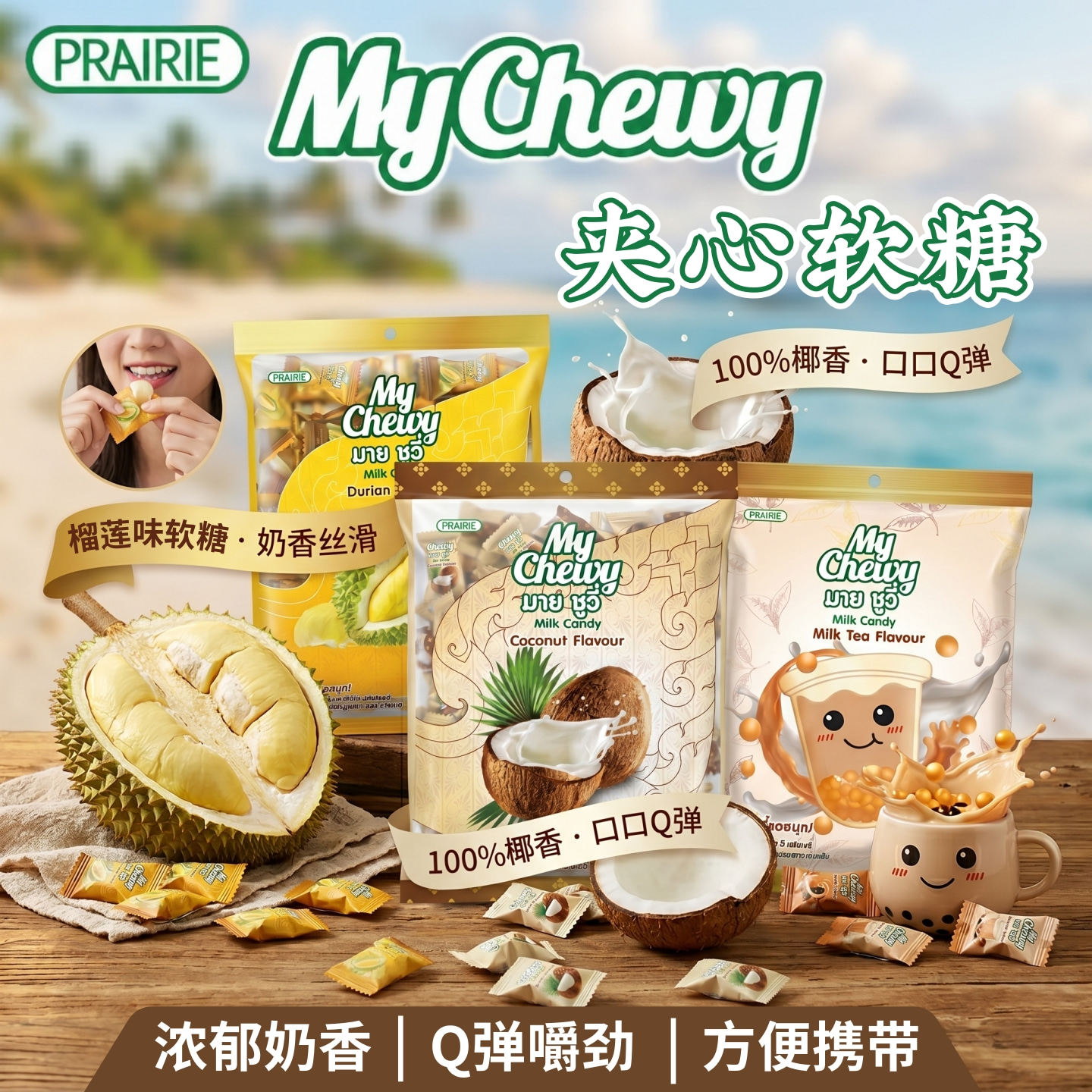 MyChewy泰国夹心软糖360g 榴莲奶糖椰子奶茶味糖果独立小包分享装