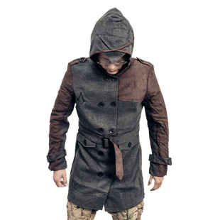 包邮 COSPLAY刺客信条秋款 连帽双排夹克Y655 剪裁中长款 毛呢料修身