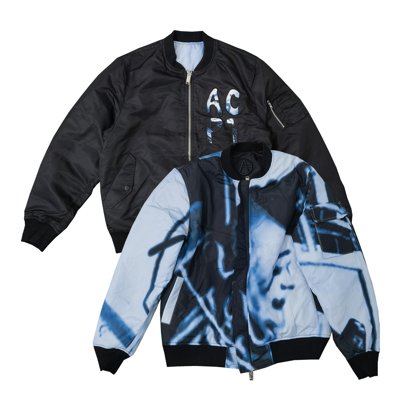 街头英文刺绣宽松剪裁夹棉棒球领拉链MA1飞行夹克两面穿外套Y213