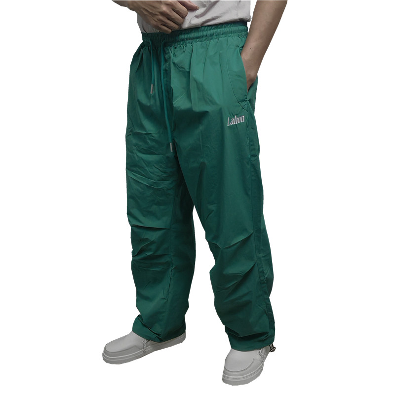 双层绿色松紧腰宽松直筒长裤