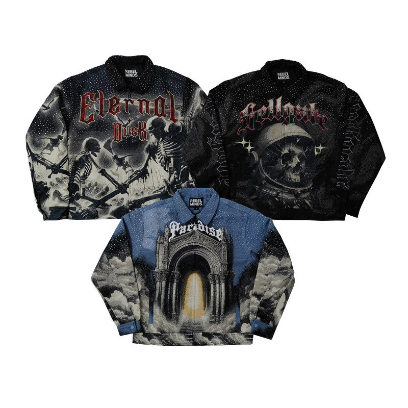 美式亚文化暗黑哥特骷髅挂毯布贴钻重工街头个性翻领拉链夹克Y450