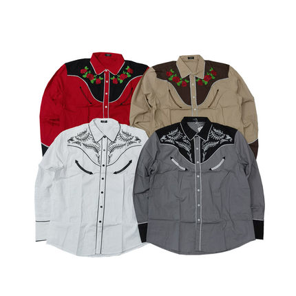 美式复古阿美咔叽西部牛仔机车骑士前后刺绣翻领全棉长袖衬衫Y710