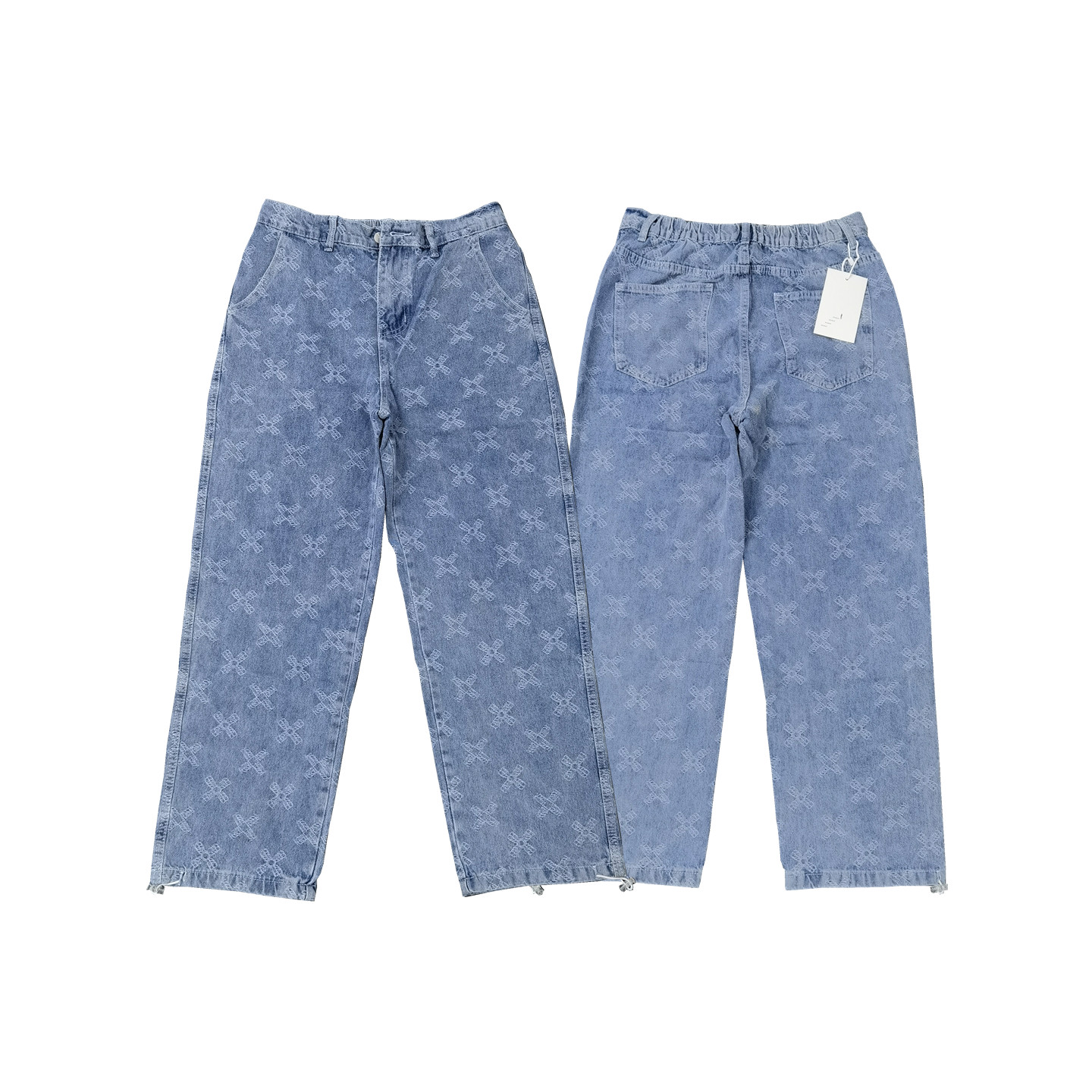 无品牌织花水洗浅蓝直筒牛仔裤