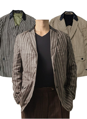 复古质感棉麻条纹古着咔叽修身剪裁配羊皮雅颓两粒扣休闲西服Y002