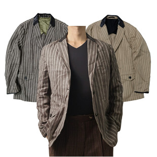 复古质感棉麻条纹古着咔叽修身 剪裁配羊皮雅颓两粒扣休闲西服Y002