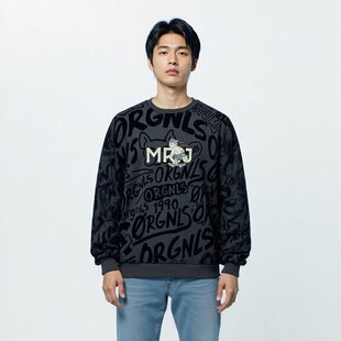 宽松落肩剪裁螺纹底摆圆领套头毛圈布前后印花街头滑板卫衣Y201