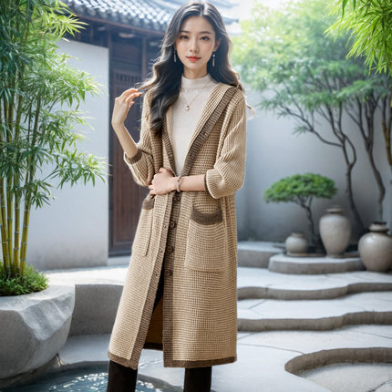 拼色连帽羊毛衫毛衣外套女开衫中长款针织衫加厚秋冬宽松慵懒粗线