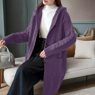 加厚春秋针织宽松慵懒大码 女长款 粗线 毛衣外套开衫 带帽大衣羊毛衫