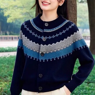 粗线圆领复古条纹羊毛衫毛衣针织开衫女秋冬短款外套加厚2025新款