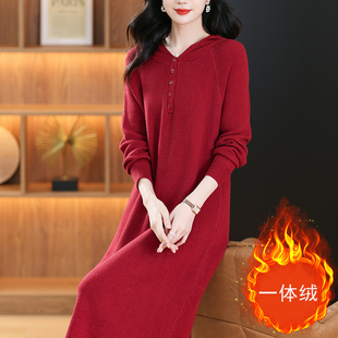 一体绒加绒加厚连帽卫衣毛衣裙女长款针织连衣裙秋冬A版大码打底
