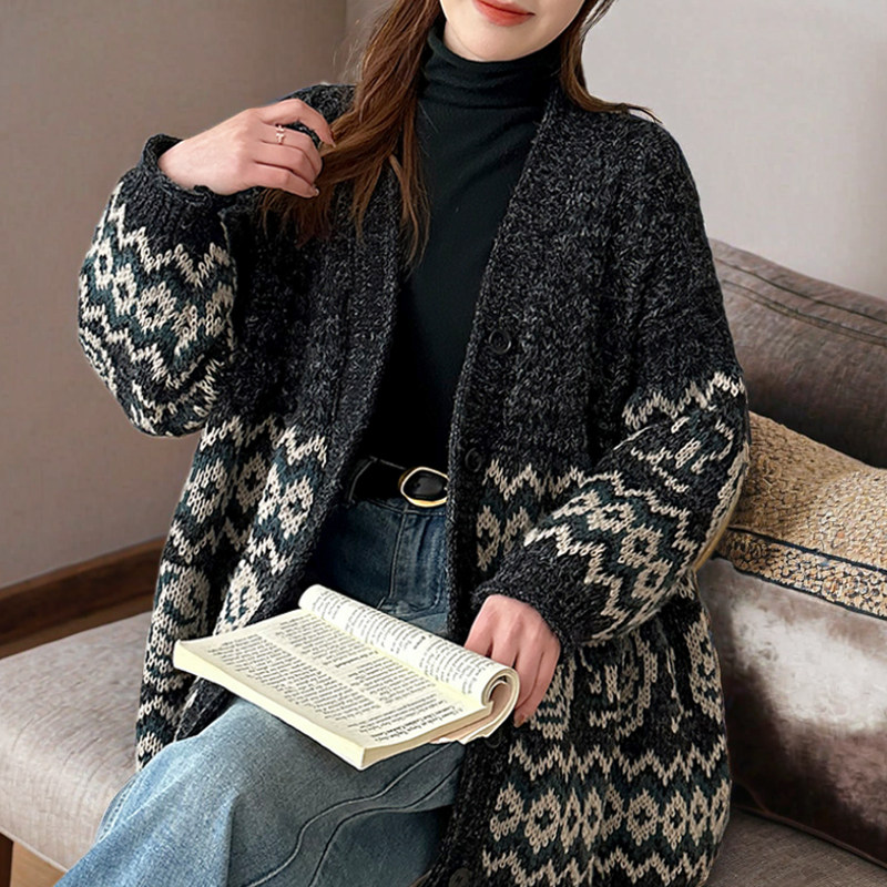 欧版大阪宽松慵懒风v领条纹毛衣外套女粗线针织衫加厚开衫秋冬季