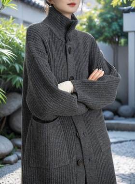 欧版宽松慵懒风针织外套大衣女高领中长款开衫灰色羊毛衫毛衣加厚