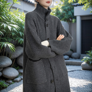 欧版宽松慵懒风针织外套大衣女高领中长款开衫灰色羊毛衫毛衣加厚