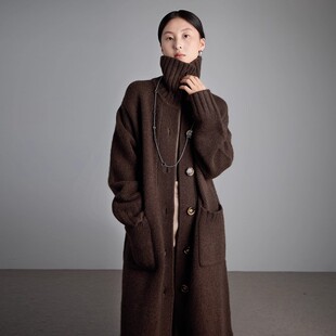 粗线翻领羊毛衫毛衣外套女针织开衫大衣长款过膝大码加厚秋冬口袋