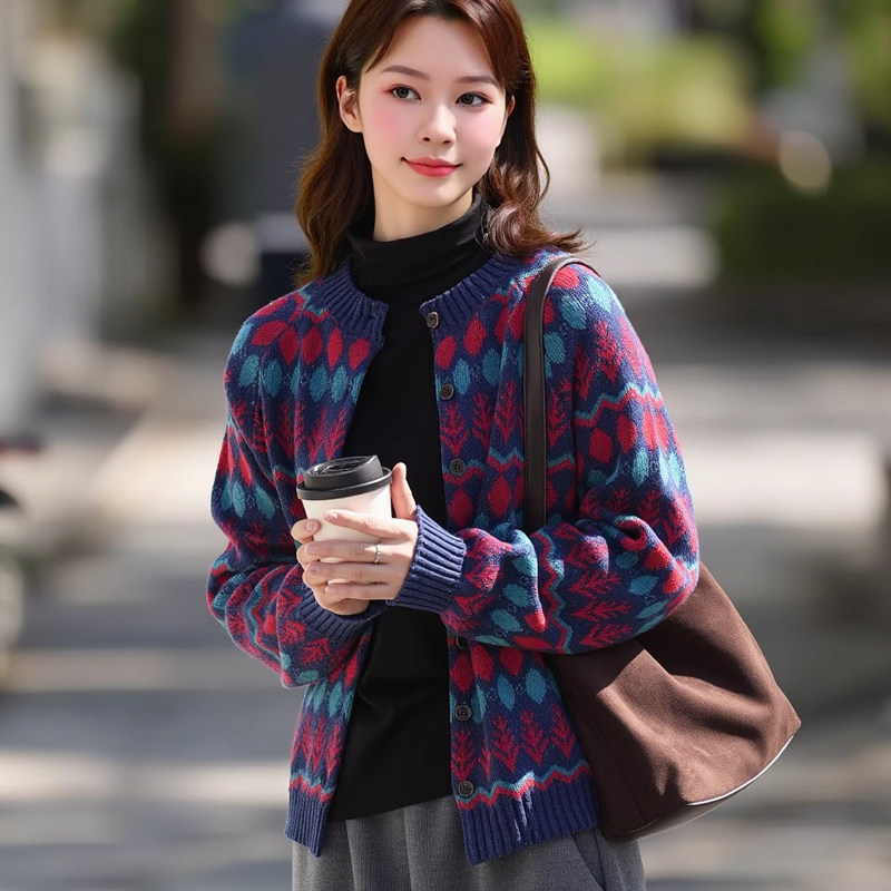 粗线圆领复古条纹羊毛衫毛衣针织开衫女秋冬短款外套加厚长袖外搭