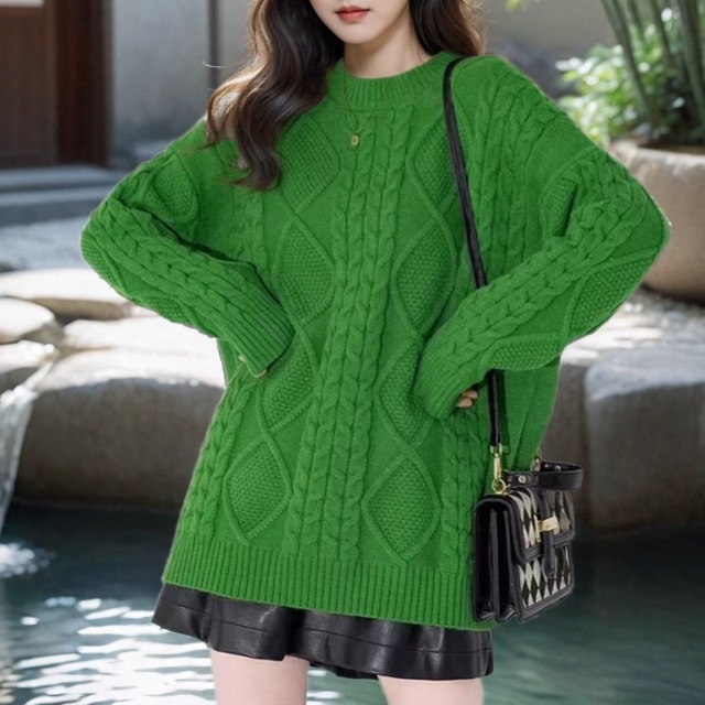 欧版圆领羊毛衫毛衣套头女中长款