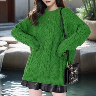 欧版圆领羊绒羊毛衫毛衣套头女中长款宽松慵懒风针织粗线软糯秋冬