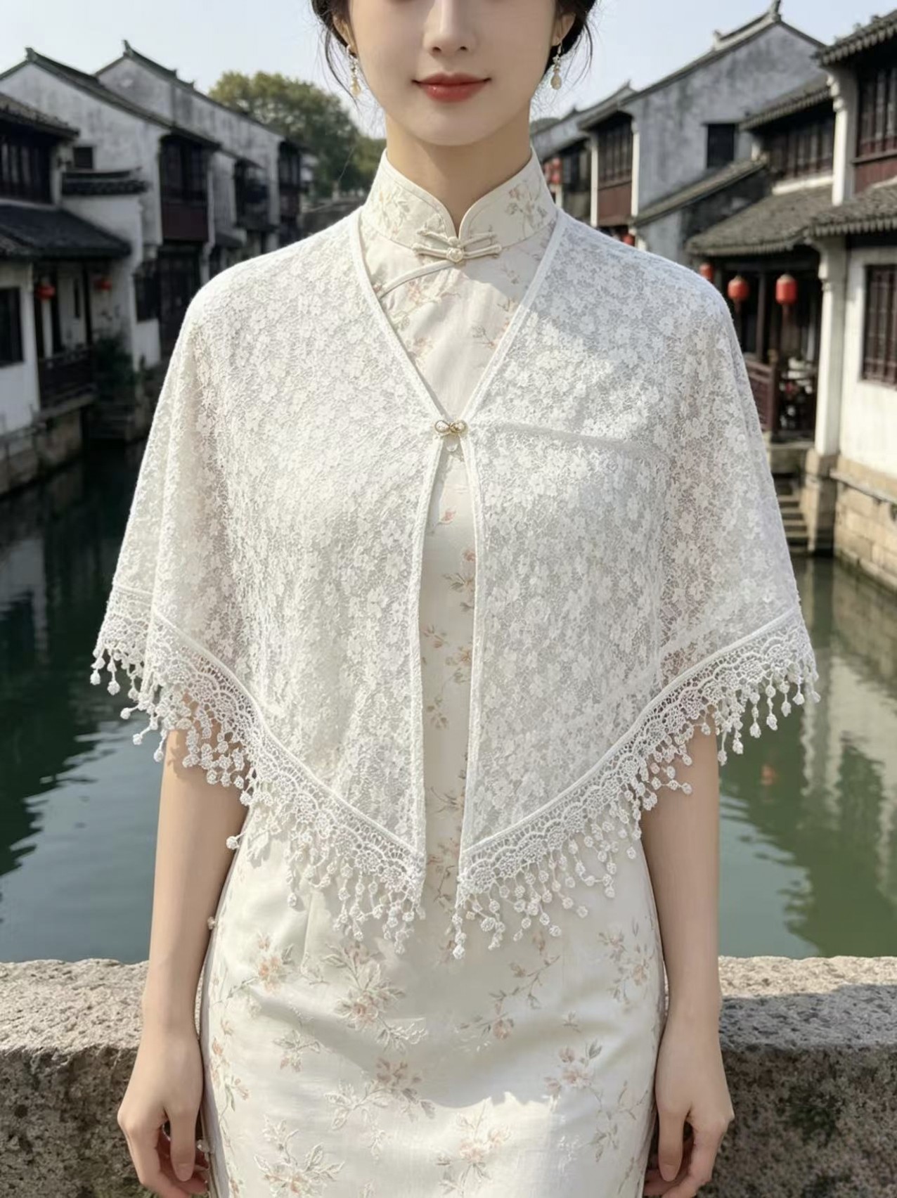 配旗袍披肩女外搭开衫2026新款夏薄款流苏云肩蕾丝新中式外披斗篷