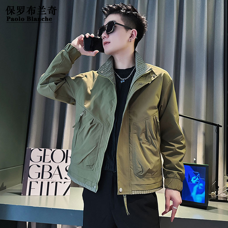 保罗男士春秋新款时尚夹克衫宽松大码休闲男装外套潮流御寒茄克服